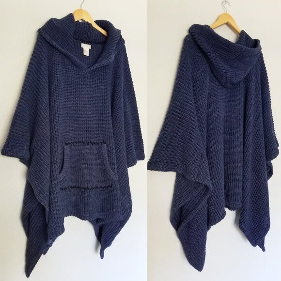 Free People Hooded Chunky Knit Oversized Poncho Ribbed Knit Pocket Navy Blue OS - Picture 15 of 16